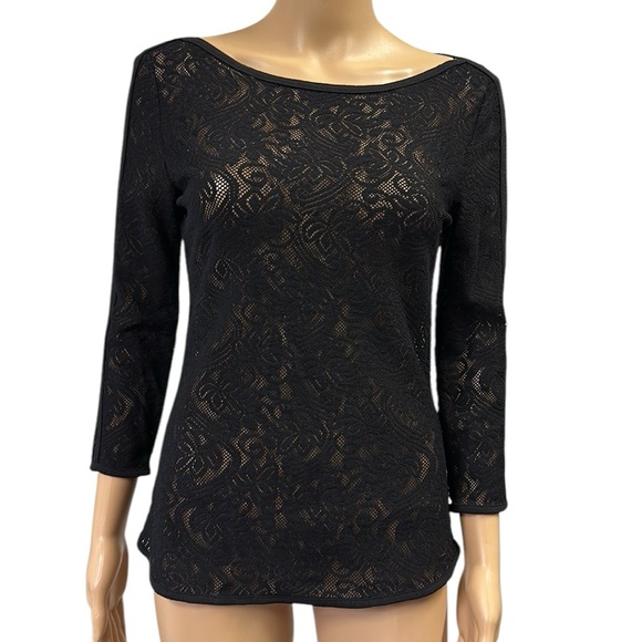 Cache Black Lace 3 Quarter Sleeve Sheer Stretch Cut Out Pullover Top Womens XS - Picture 2 of 8